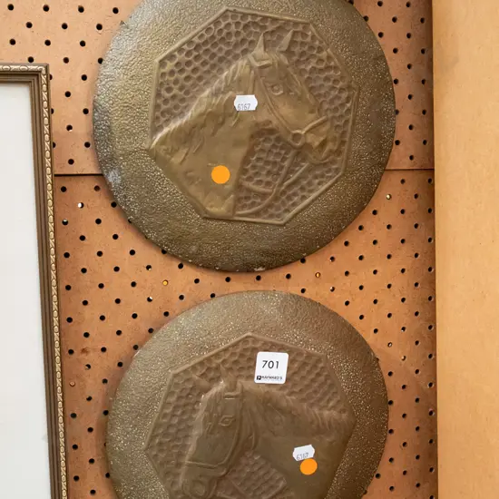 2x pressed brass wall chargers - orange dots