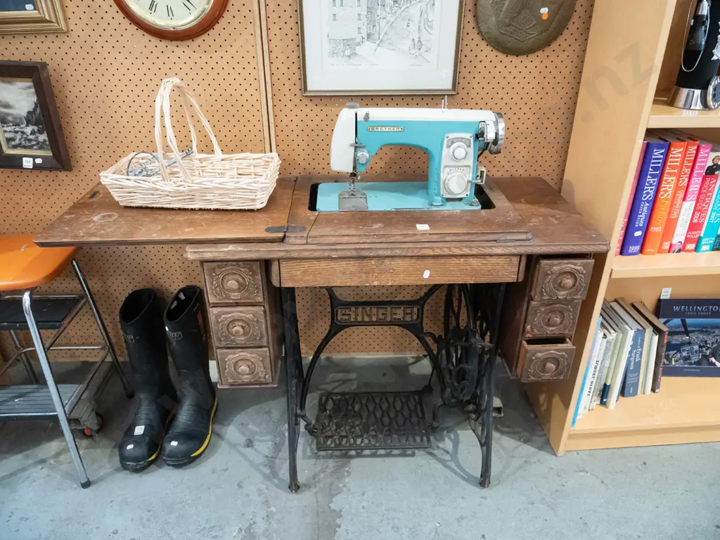 Brother sewing machine (rust and wear) - missing cords and Singer treadle base and carcass Image 1++