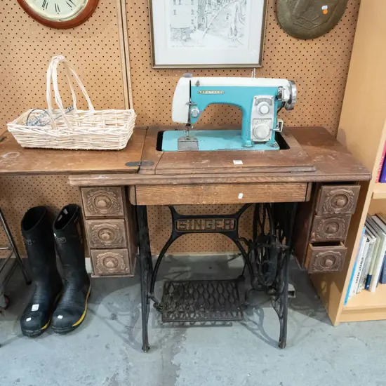 Brother sewing machine (rust and wear) - missing cords and Singer treadle base and carcass