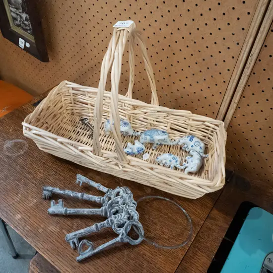 cane basket, novelty keys etc