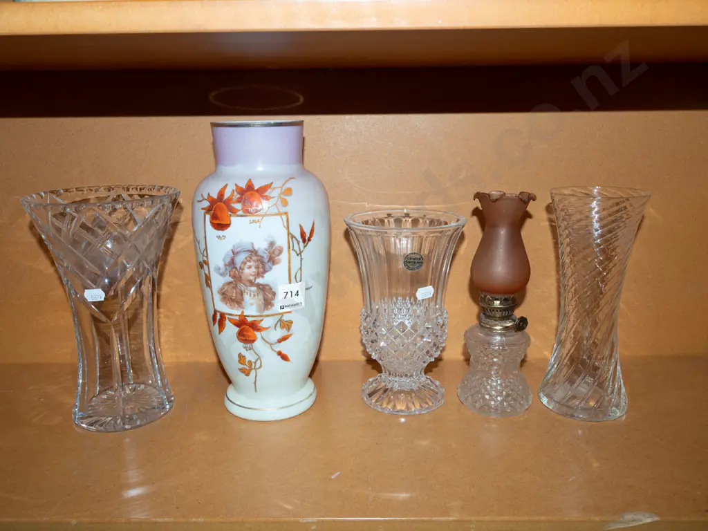 3x cut crystal vases, hand painted and transfer vase etc Image 1++