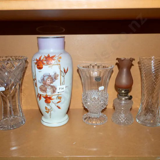 3x cut crystal vases, hand painted and transfer vase etc