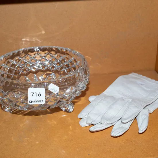 crystal footed bowl, leather gloves Bowl Diam 170