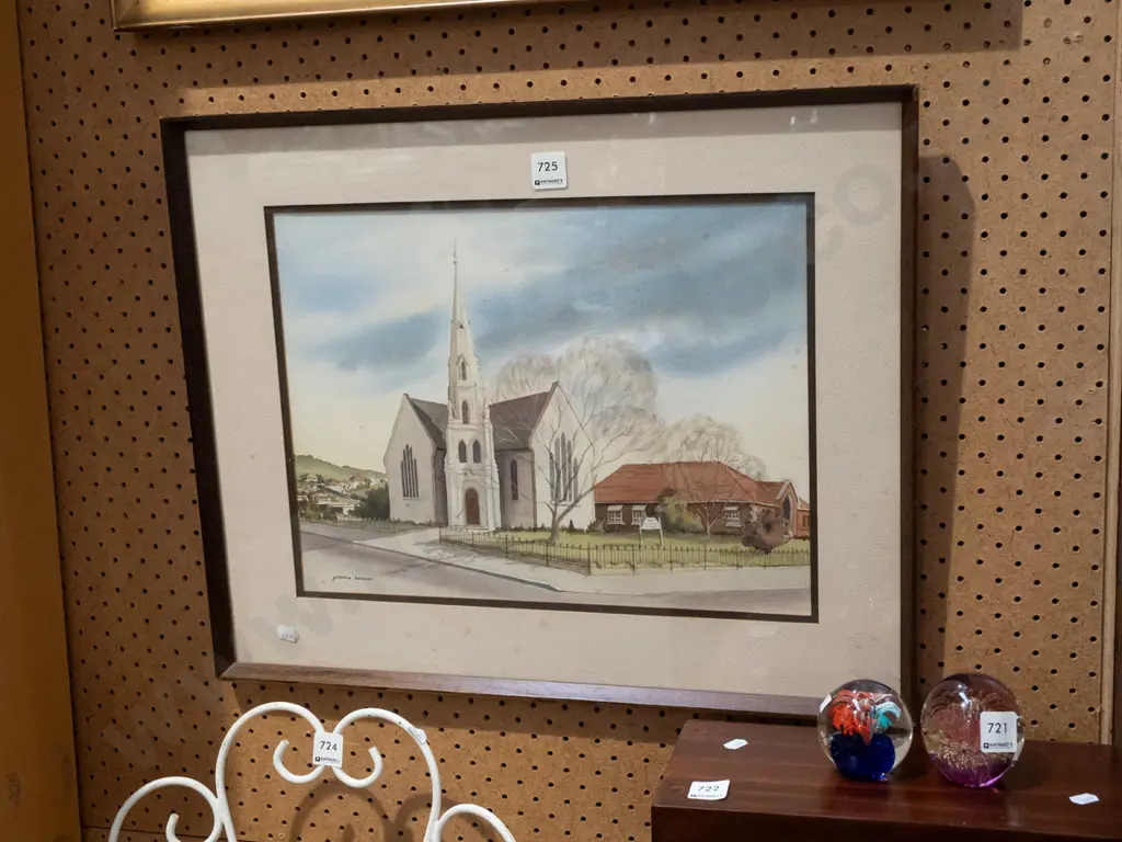 framed Yvonne Benson watercolour- church - foxing Image 1++