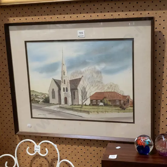 framed Yvonne Benson watercolour- church - foxing