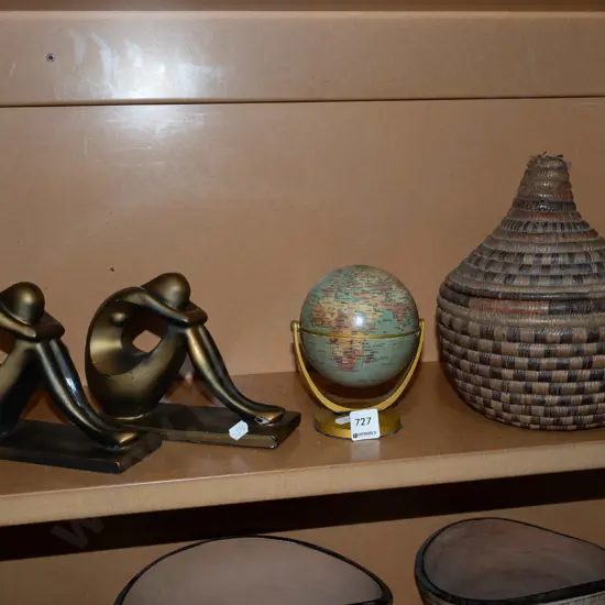 2x figurines, small globe, woven lidded canister H230