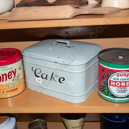cake tin, 2x vintage honey tins