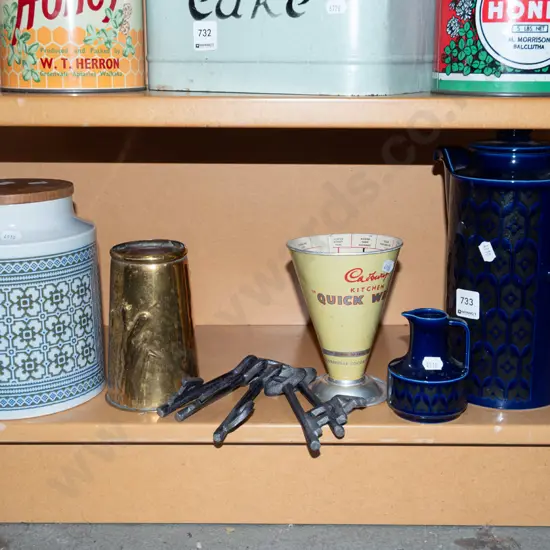 blue coffee pot, creamer, keys etc
