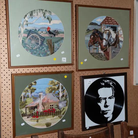 3x framed needleworks - yellow dots