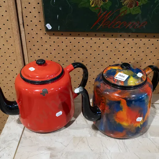 1x red and 1x multi coloured teapots