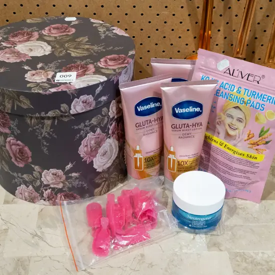 floral lidded box, as new moisturisers, cleansing pads etc