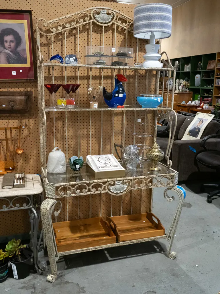 contemporary metal and glass top 3 tier bakers stand with distressed paint H1900 W1110 D520 Image 1++