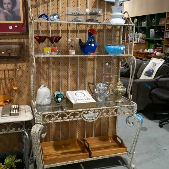 contemporary metal and glass top 3 tier bakers stand with distressed paint H1900 W1110 D520