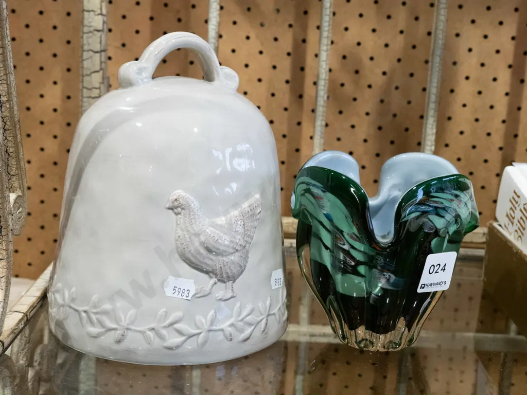 swirl art glass bowl, poultry ceramic cover dish Image 1++