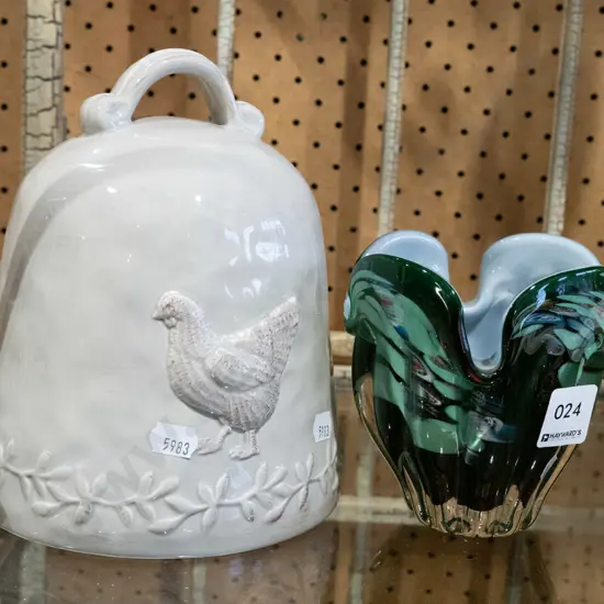 swirl art glass bowl, poultry ceramic cover dish