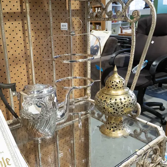 plated coffee pot, plated  sweet rack, brass hanging incense burner