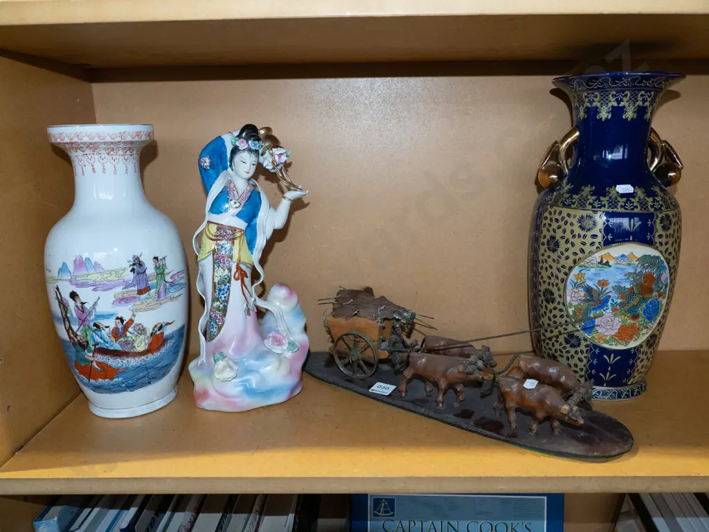 shelf; oxen and cart, 2x vases, female figurine Image 1++