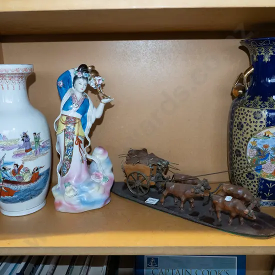 shelf; oxen and cart, 2x vases, female figurine