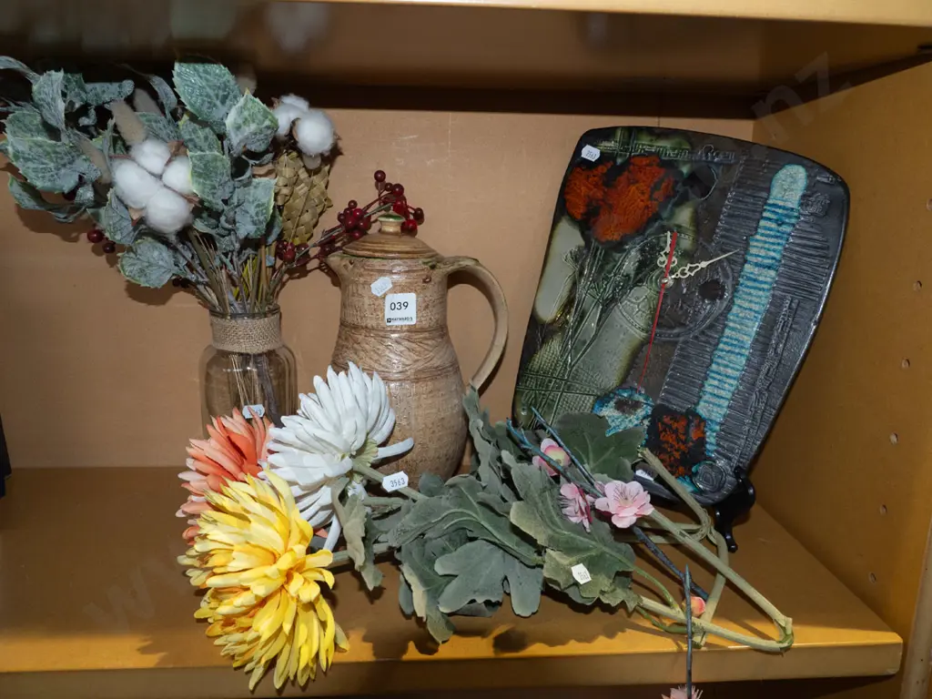glass jar, ceramic coffee pot, ceramic wall clock, faux flowers Image 1++