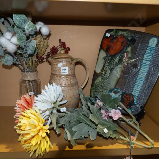 glass jar, ceramic coffee pot, ceramic wall clock, faux flowers