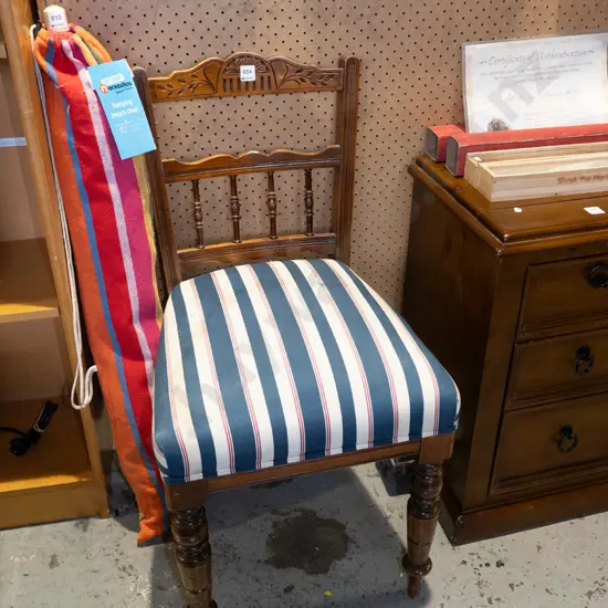 Edwardian turned leg spindle back chair - stains to upholstery