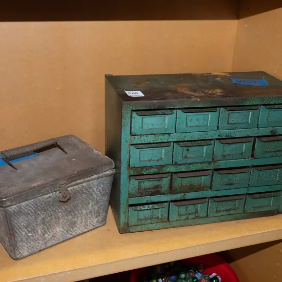 rusty metal drawers, pail of rusty nails