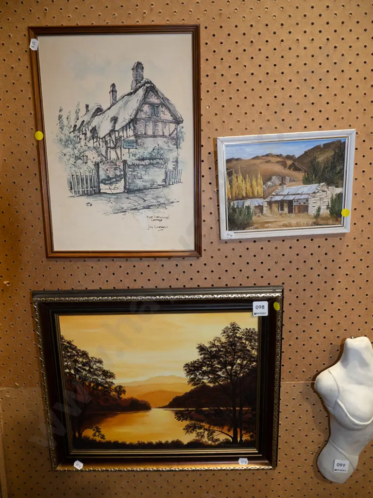 2x oils on board - landscapes, framed cottage print - yellow dots Image 1++
