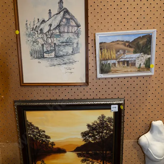 2x oils on board - landscapes, framed cottage print - yellow dots