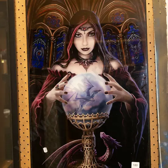 framed poster print - woman and crystal ball with dragon
