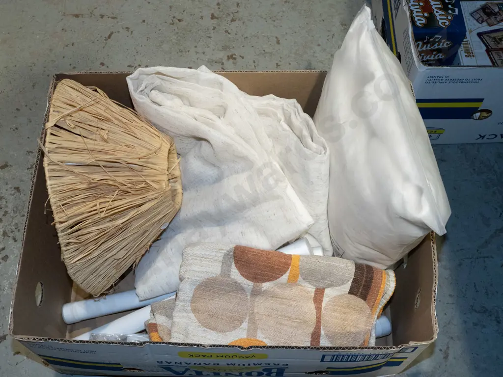 box; straw lamp shade, prints in tubes, fabric pieces Image 1++