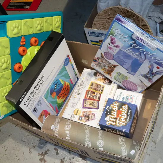 box; children's music trivia game, Harry Potter card games etc