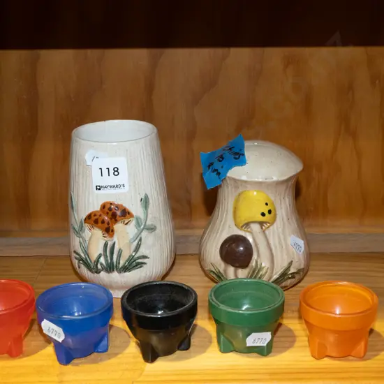 glass egg cups, retro canister, salt shaker - chips to rim