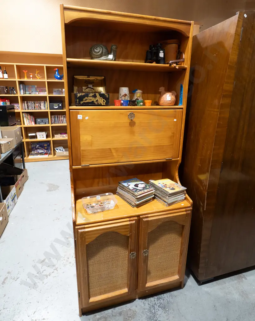 pine wall unit with 2 wood and cane screen doors, drop front writing desk H1910 W800 D470 Image 1++