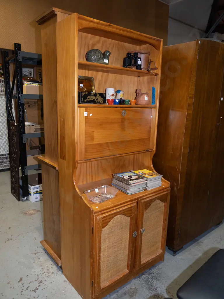 pine wall unit with 2 wood and cane screen doors, drop front writing desk H1910 W800 D470 Image 1++