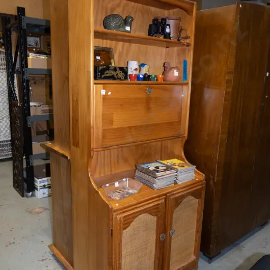 pine wall unit with 2 wood and cane screen doors, drop front writing desk H1910 W800 D470