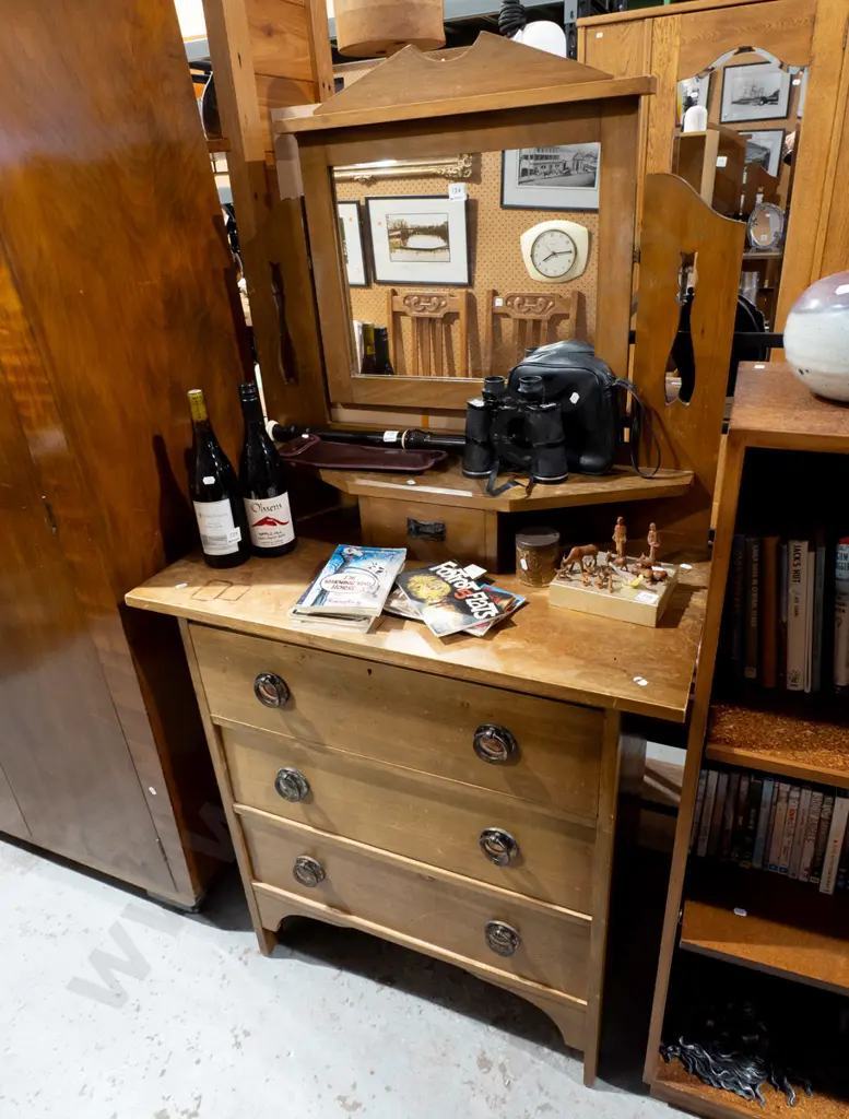 arts and crafts 4 drawer mirror back dresser - marks and wear to varnish Image 1++
