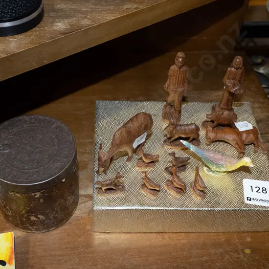 vintage tin and carved  wooden miniature animal figurines