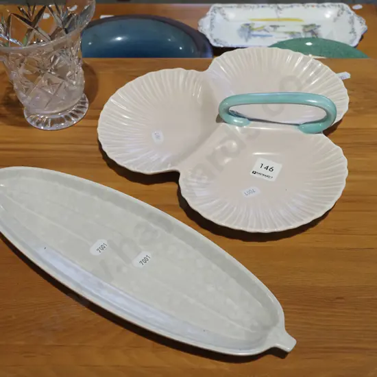 Poole leaf dish, segmented scallop shell serving platter