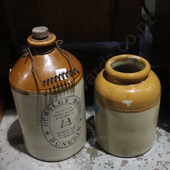 Hemsley Bros bottle crock, 1x other unbranded stone ware wide mouth crock