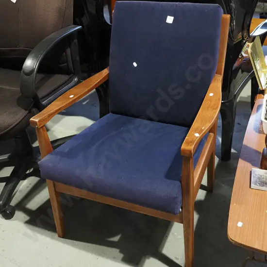 mid century mahogany blue armchair