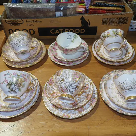 5x pink floral trios, Royal Doulton pink rose trio