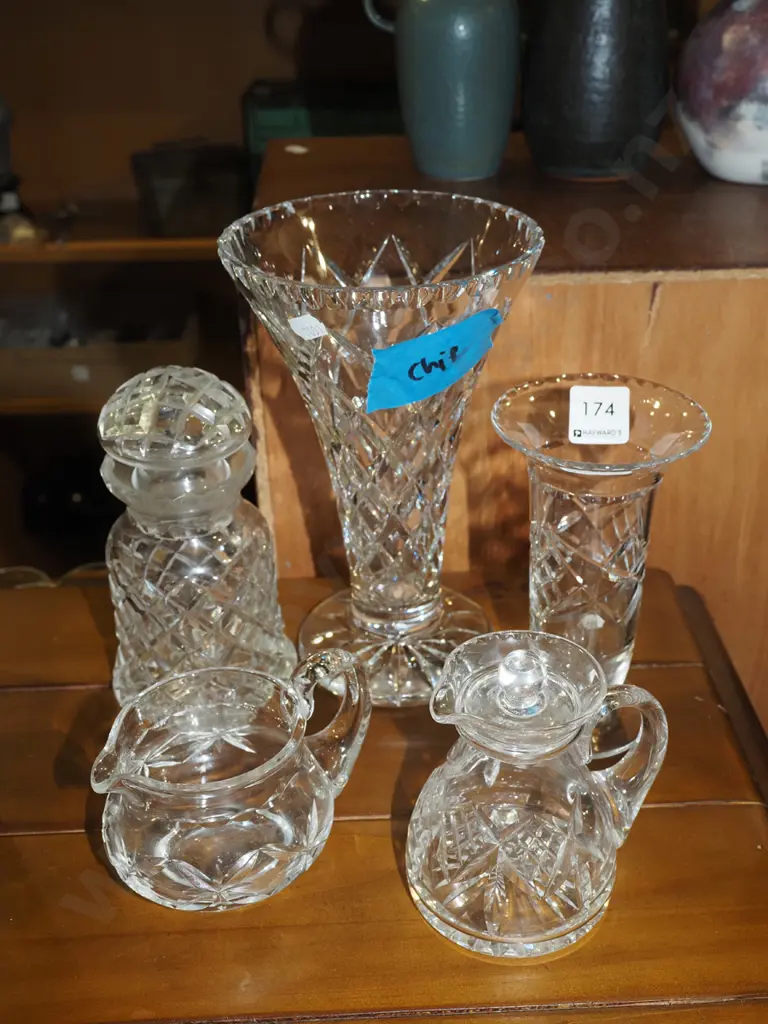crystal creamer, jug, canister, 2x vases - chips to largest Image 1++