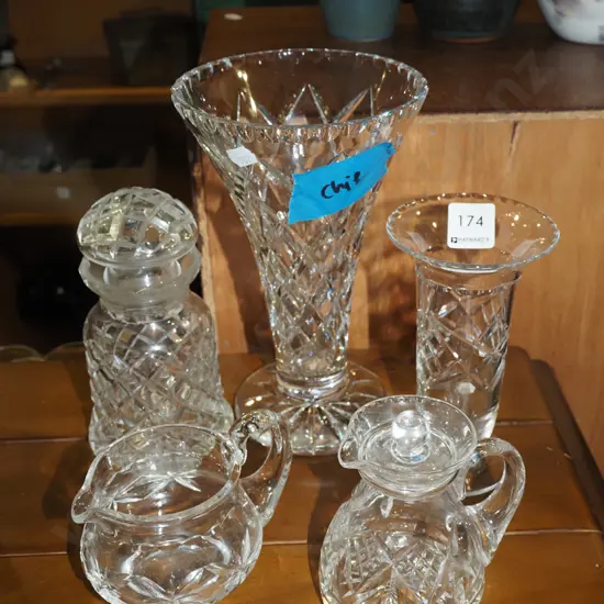 crystal creamer, jug, canister, 2x vases - chips to largest