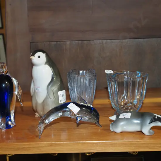 glass penguin & dolphin, ceramic badger & penguin, blue depression glass vase & creamer