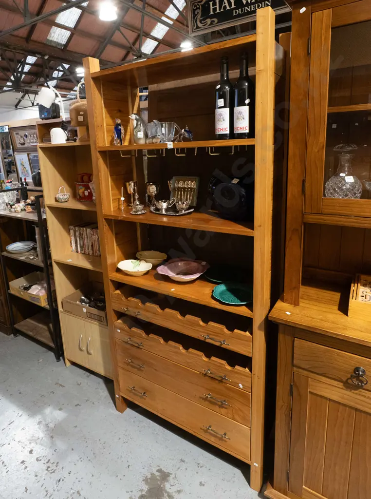 homemade wooden bookcase with 2 drawers 2 pull out wine racks and wine glass storage  Image 1++