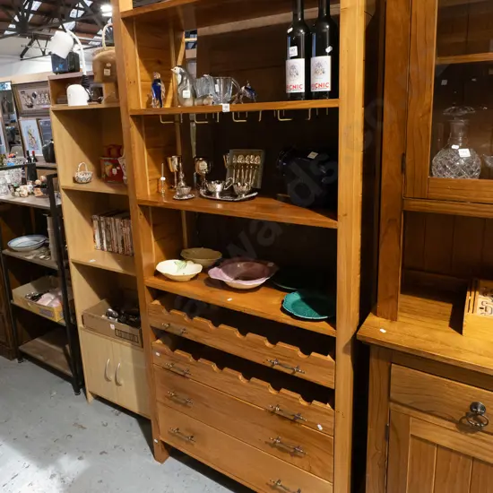 homemade wooden bookcase with 2 drawers 2 pull out wine racks and wine glass storage 