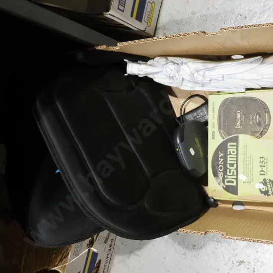 box; massage cushion, Sony discman, Asian figurine