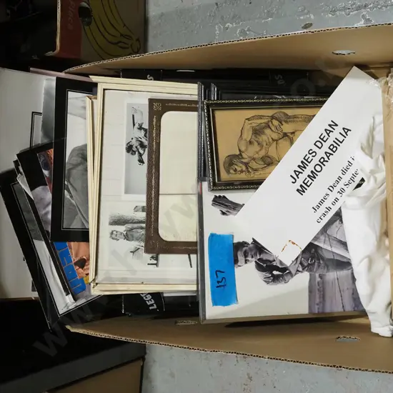box; James Dean memorabilia; t shirt, postcards, posters, photos, prints etc
