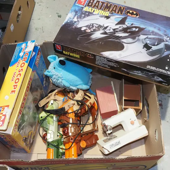 box; microscope set, batman yet to be assembled model etc