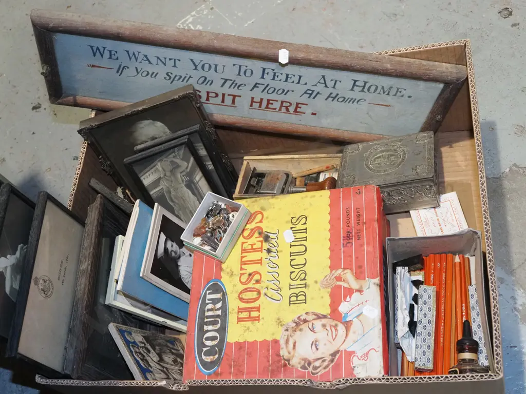 box; old pencils, biscuit tins, prints etc Image 1++